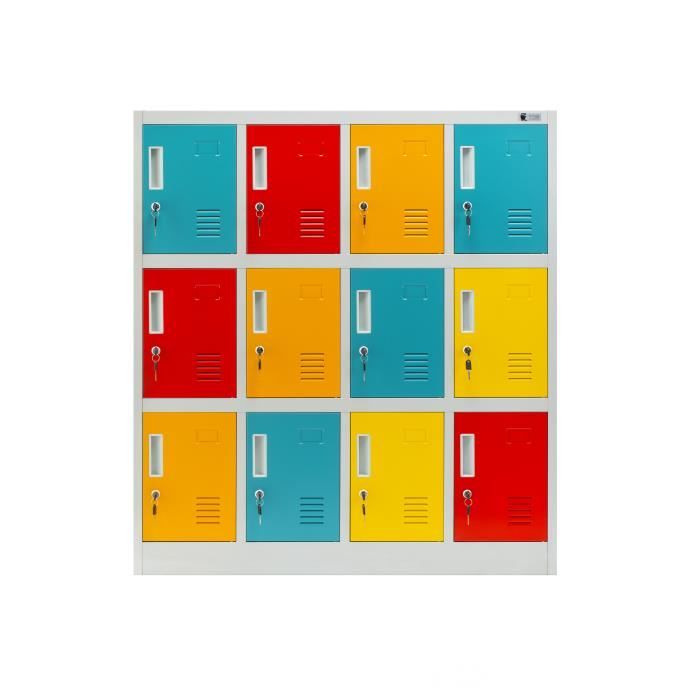 casier vestiaire 4b3a armoire metallique 12 compartiments revêtement en poudre 120 cm x 110 cm x 45 cm (multicolore)
