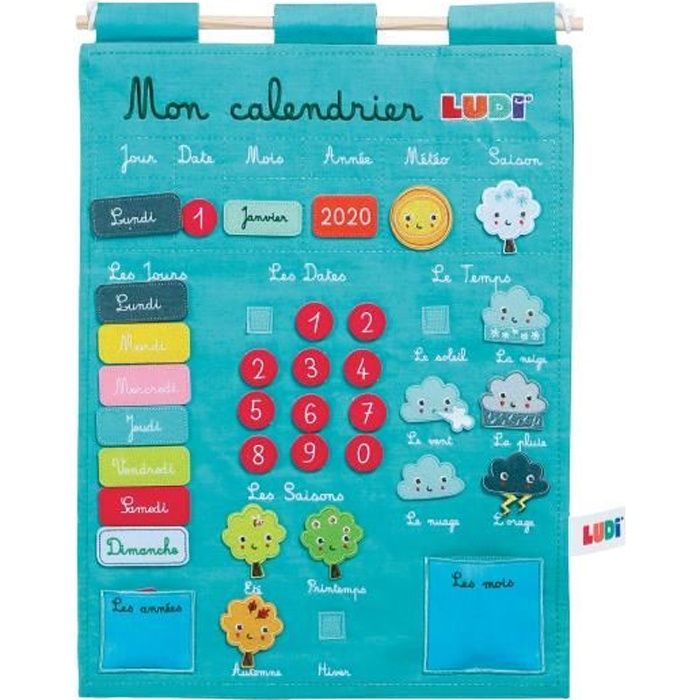 LUDI - Calendrier bleu pour enfant dès 3 ans. Panneau en tissu brodé 53