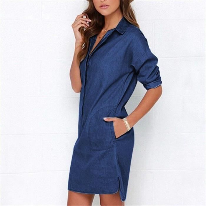 Femme Chemise Robe Jean Tunique Jean Bouton Manches Longues Robe Courte Chemise Courte Tops Chemisier