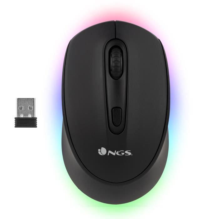 NGS SMOG-RB – Souris Multi-Appareils sans Fil Rechargeable Éclairage LED Bluetooth 3.0/5.0 2.4Ghz Autonomie de 50 Heures Noir