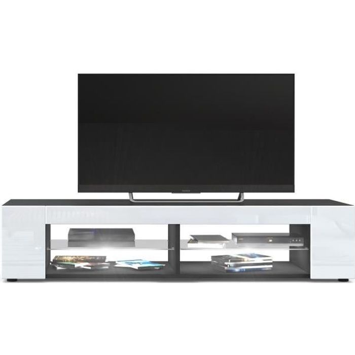 meuble tv   noir mat  façades en blanc laquées led blanc