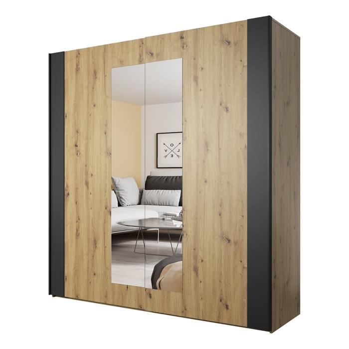 Armoire 200cm. 2 portes coulissantes avec miroirs couleur chêne et noir. Collection FOX 213 Marron