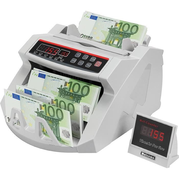 Detectalia V20 Compteuse De Billets Avec Détection UV/MG/IR/MT/CIS, Écran Tactile 4,5" + Écran Externe, Lecture Numéros De Série, Comptage Mixte Multidevise (EUR/GBP/CHF/USD/SEK/PLN/TRY/DKK) 1200/Min