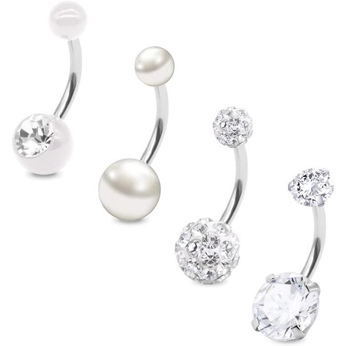 Lot De 2 Piercings De Nombril En Acier Chirurgical 14G - Boule CZ Cristal Et Boule Unie - 11 Couleurs