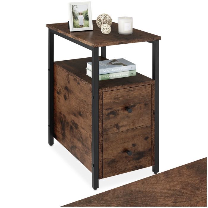 Table de chevet - TECTAKE - Chevet TULLAMOR avec 2 étagères et 2 tiroirs en bois et acier 30 x 495 x 615 cm - Bois foncé