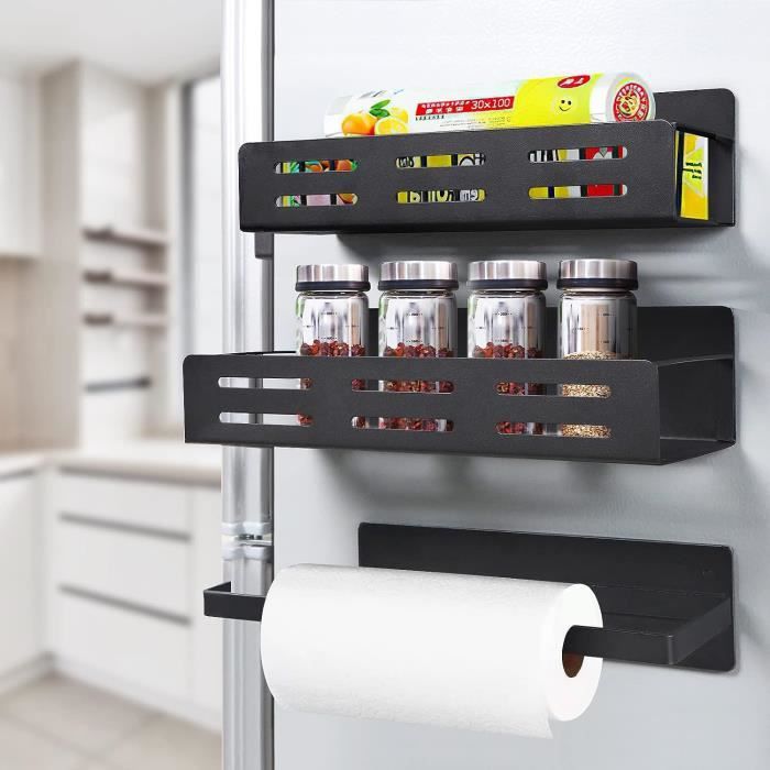 Étagère magnétique, étagère à épices magnétique pour réfrigérateur, organisateur de rangement pour réfrigérateur et cuisine, étagère à épices pour placard, conteneur d'espace, sans perçage (Noir, lot