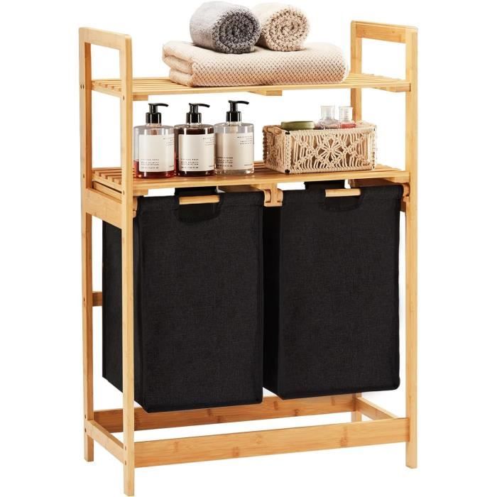 Panier à Linge Inclinable En Bambou Avec 2 étagères - Sac Amovible - Rangement Pour Salle De Bain, Salon, Chambre