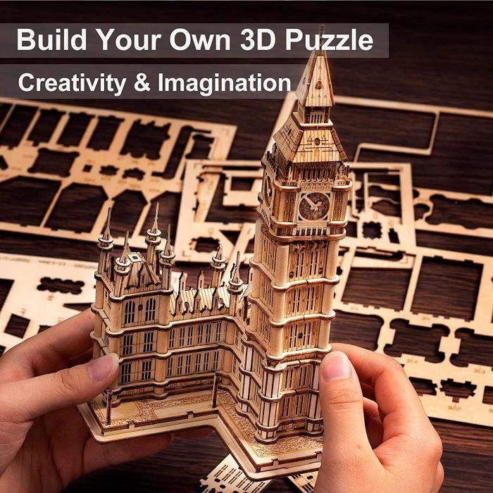 Puzzle 3D Rolife Big Ben En Bois à Construire - 220 Pièces, Kit Maquette Lumineuse Pour Adultes Et Enfants
