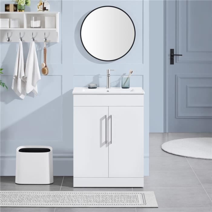 Meuble Salle De Bain Yaheetech Avec Lavabo Céramique - 2 Tiroirs, 61x40x81 Cm Blanc | Meuble Sous Vasque