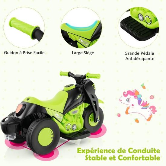Moto électrique Enfant 6V 3 Roues 3-7 Ans - Phare LED, Musique, Vitesse 3 Km/h, Marche Avant/arrière, Charge Max 25 Kg (noir)
