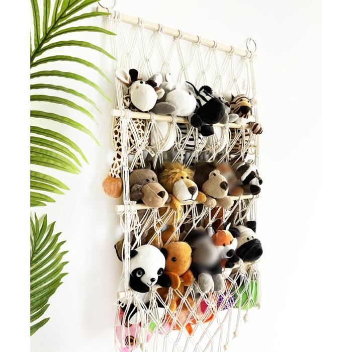 Hamac De Rangement Double Couche Pour Peluches - En Bois Et Corde De Coton - Longueur Réglable 70-100 Cm Ou 50-75 Cm