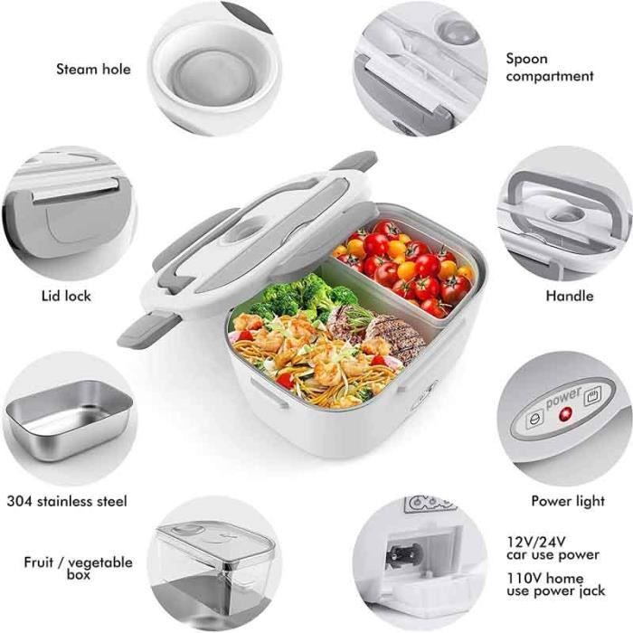 Gamelle Chauffante électrique Rechargeable 1L - Avec Minuterie - Pour Repas Chauds Au Bureau, En Voiture...