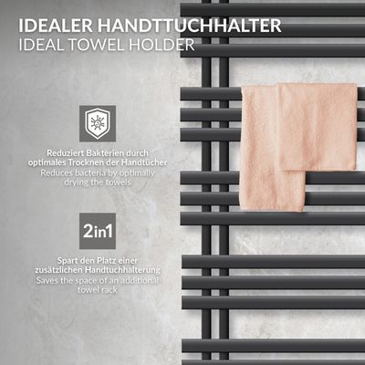 Radiateur Sèche-Serviettes ECD Germany Iron EM - 500 X 1400 Mm - Blanc - 467W - 18 Tubes - Pour Salle De Bain - 2