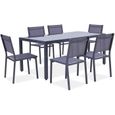 Ensemble repas de jardin 6 personnes Aluminium - Table avec plateau en verre 180 x 90 cm + 6 chaises et assise textilène - Gris-0