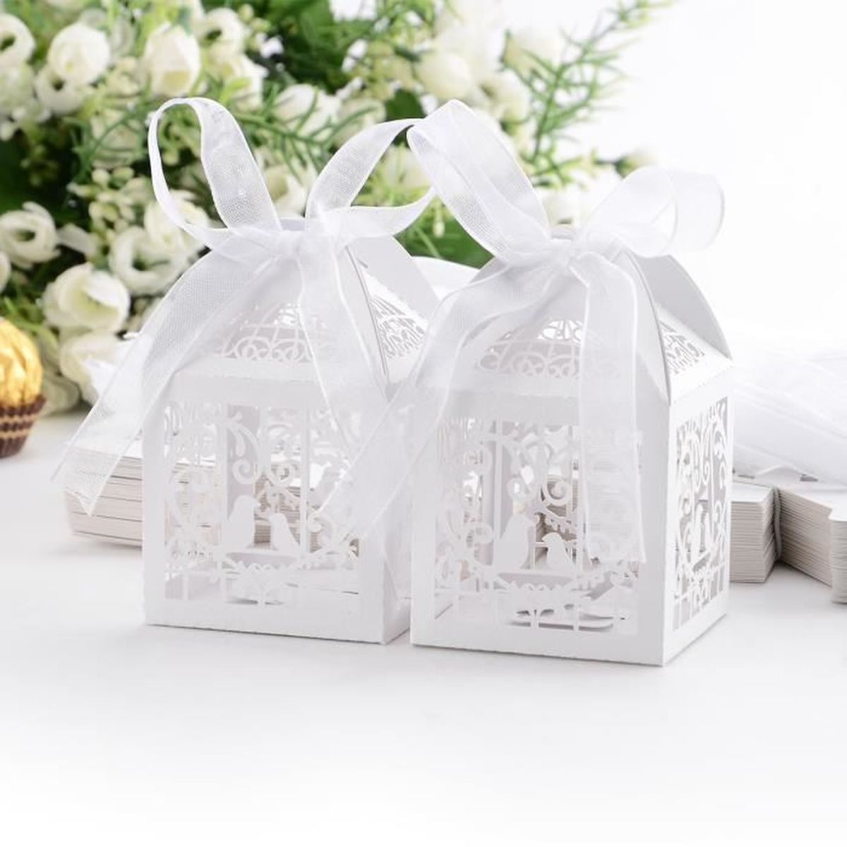 50 Boîtes Dragées Pour Baptême Communion - 6x6x4 Cm Avec Étiquettes Et Ruban