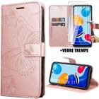 E-TEC Coque + 2 Verres Trempés pour Xiaomi Redmi Note 11- Note 11S, Flip Case Cuir Synthétique Rose avec Motif Papillons