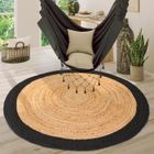 Paco Home Tapis De Salon Rond Fait Main Poils Ras Bordure Motif Moderne Beige Noir 100 cm rond