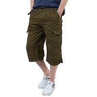 Pantacourt Cargo Homme Straight Grande Taille Multi-poches Pantalon Court en Coton Couleur Unie - Vert militaire