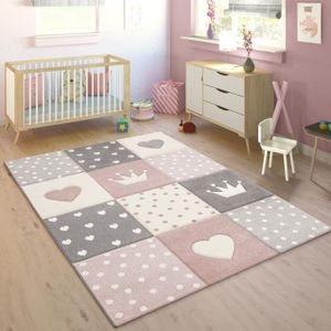 TAPIS Tapis Enfant Couleurs Pastel À Carreaux Points Cœurs Étoiles Blanc Gris Rose [80x150 cm]