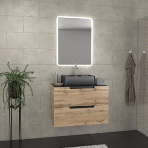 MEUBLE VASQUE - PLAN Pack meuble de salle de bain - Caisson deux tiroirs 80x50 - vasque céramique noir mat 48x37 - Miroir LED 80x60cm - XXXX