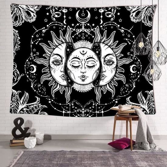 Grande Tenture Murale Mandala – Soleil Lune Et Hibou (Décoration Ethnique, Noir Et Blanc)