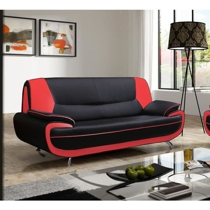 MUZA - Canapé design 3 places en simili cuir noir et rouge