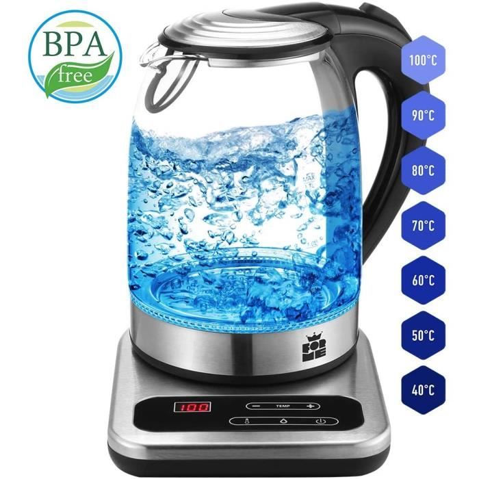 ForMe Bouilloire Électrique en Verre 1.7 LED seulement Bleu Température Réglable 40-100°C I Contrôle de Température Variable I Fonct