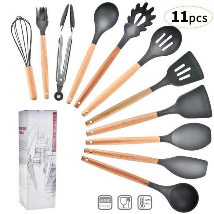 Ustensiles de cuisine en silicone avec manche en bois Ensemble de cuisson antiadhésif européen 11pcs - set (avec boîte de couleur)