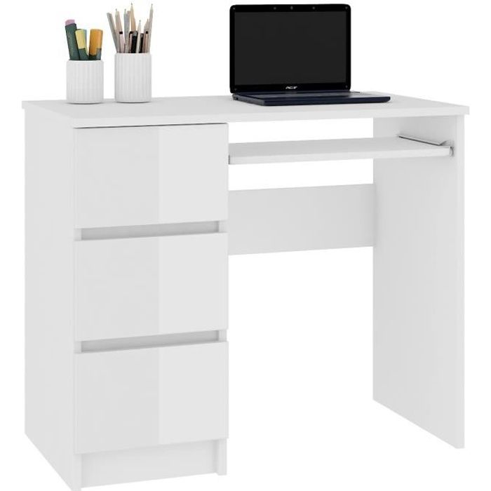 MIR - Bureau informatique multimédia moderne 90x77x50 - 3 tiroirs + support clavier - Table ordinateur multi-rangements - Blanc Laqu