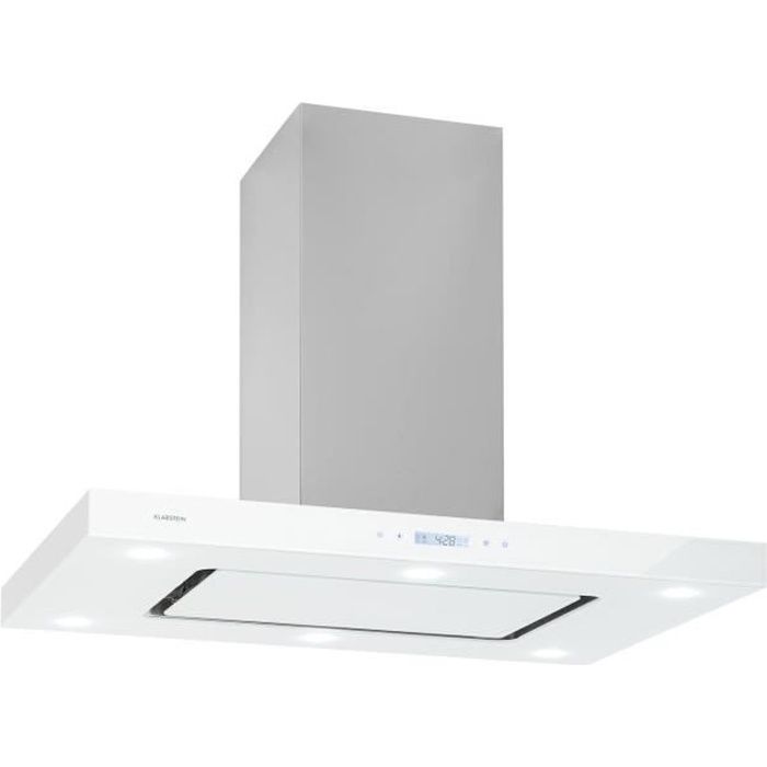 Klarstein Valeria hotte îlot 90 cm 650 m³-h tactile CEE A LED verre inox blanc