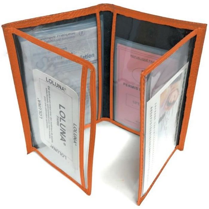 Porte carte papier voiture + étui Carte RFID, carte grise, permis, identité et assurance, 4 volets cuir LOLUNA® (Orange)