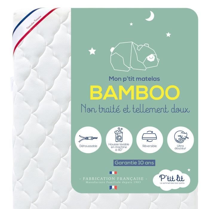 P'tit Lit - Matelas Bébé Bamboo - 60x120 cm - Viscose Douce et Absorbante - Sans traitement chimique - Déhoussable - Oeko Tex® -