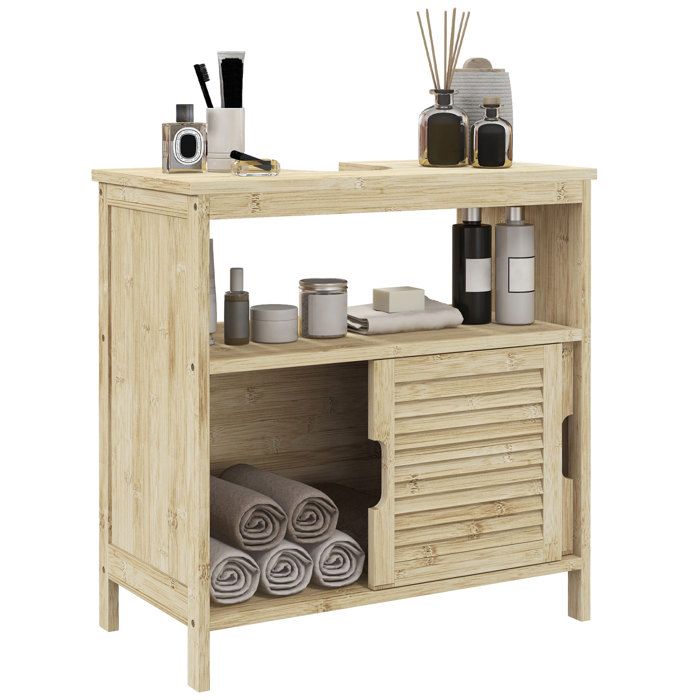 Meuble sous lavabo - HOMCOM - 2 portes coulissantes - fente en forme de U - en bambou pour salle de bain - 60l x 30P x 60H cm