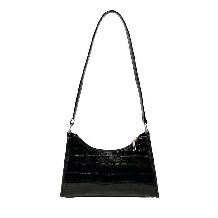 Sac à Main - Femme - Cuir - Noir - Motif - Crocodile - 25 x 17 x 6 cm - Bandoulière Non Amovible