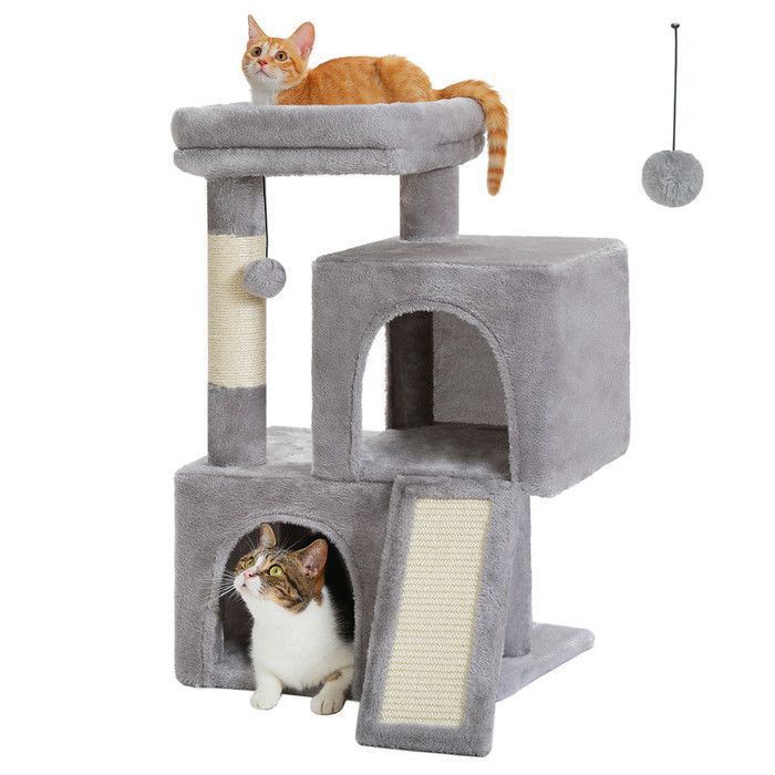 Meilleurs prix pour PAWZ Road Petit Arbre a Chat avec 2 Condos Douillets, Perchoir Moelleux, Poteaux en Sisal & Pompons Suspendus, 77 cm, Gris