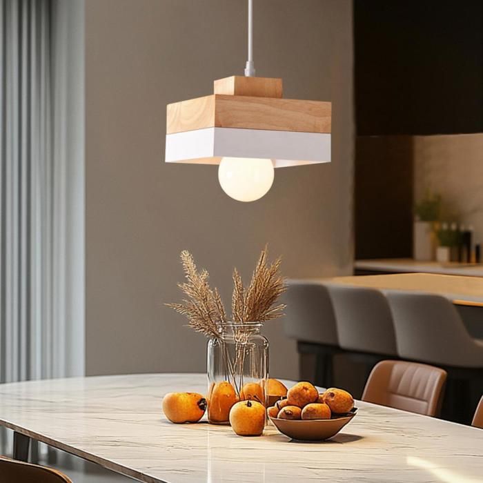 WOTTES Suspension en Bois et Métal - Blanc 1pcs - Ø18*18cm - E27 - Design rétro Carré - Éclairage intérieur Lustre Cuisine