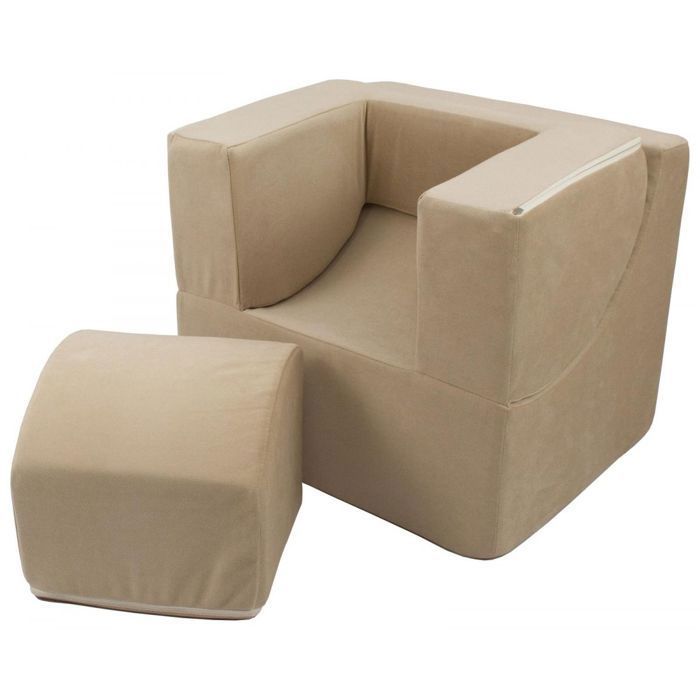 Fauteuil avec tabouret, cuir synthétique, couleur cappuccino, 60 cm