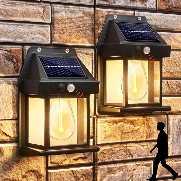 Lampe Solaire Exterieur en Tungstène 2 Packs Lampadaire Solaire Murale Rétro avec Détecteur de Mouvement Blanc Chaud