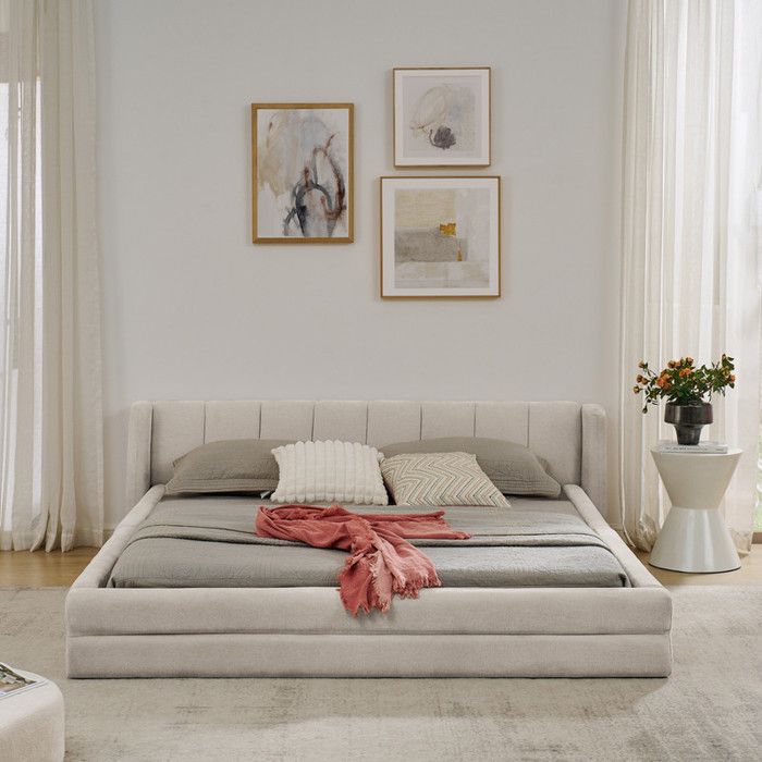 Lit double rembourré 160x200 cm avec dossier confortable Lit enfant avec cadre de lit en eucalyptus et fer Chenille Beige