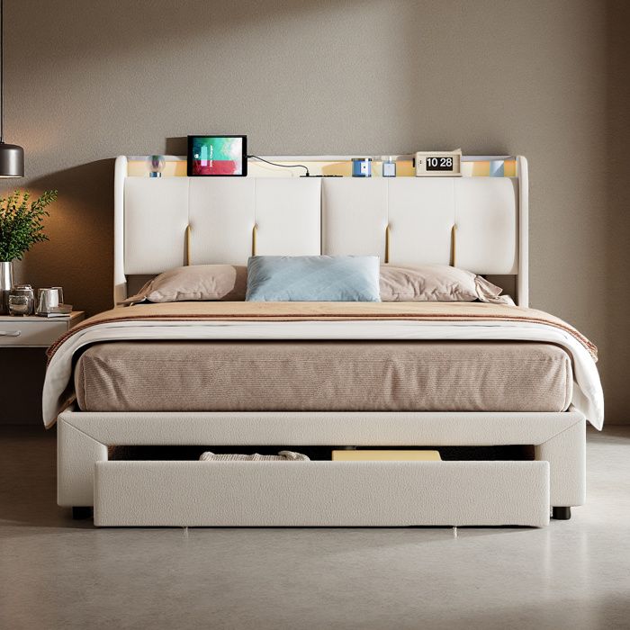 Lit 160x200 cm - COZY - LED - tissu en velours - sommier - cadre de lit adulte 160x200 cm - blanc cassé Lit 160x200 cm - COZY - LED - tissu en velours - sommier - cadre de lit adulte 160x200 cm - blanc cassé