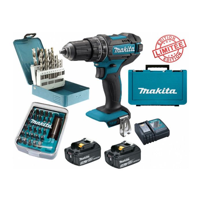 Perceuse visseuse à percussion Makita 18V 62Nm DHP482 + 2 batt 3 Ah + 30 embouts de vissage + 18 forets D 46202 Edition Limitée