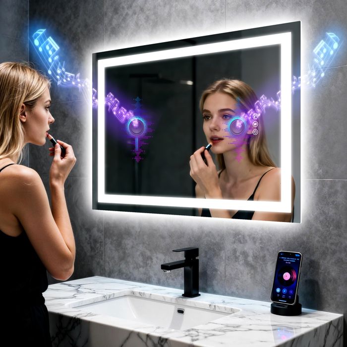 Miroir Salle de Bain LED - Miroir Lumineux Bluetooth 3 Températures de Couleur Anti buée Mural Miroir Connecté Gradable - 60x80cm