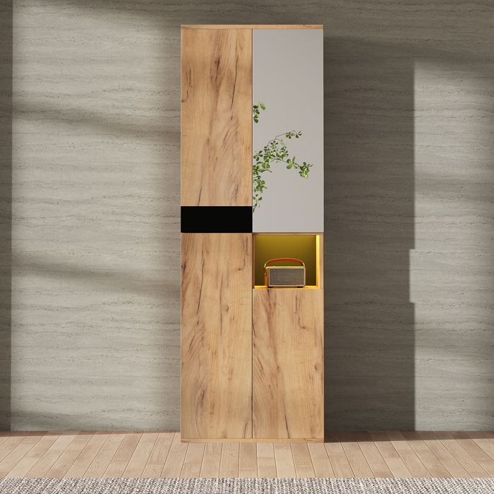 Armoire Haute 190 cm avec Miroir 4 Portes et Niche Ouverte Bois Naturel & Noir Colonne de Rangement Moderne 65×35 cm