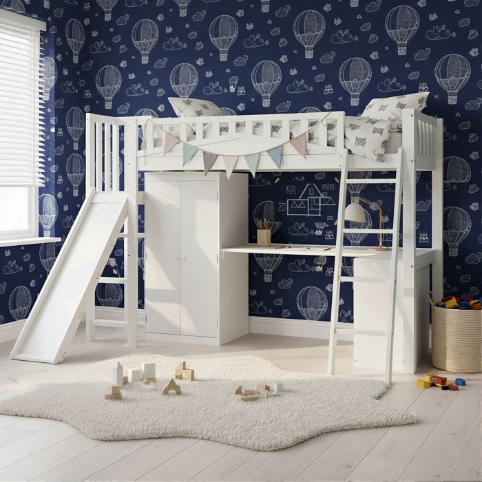 Lit Mezzanine Enfant 90x200 avec Toboggan Bureau et Armoire - Bois Massif Blanc - Lit Combiné Multifonction avec Échelle
