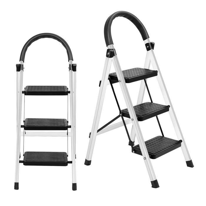 Echelle pliante metal 3 marches haute resistance structure solide et stable pour acceder aux etageres toitures ou arbres