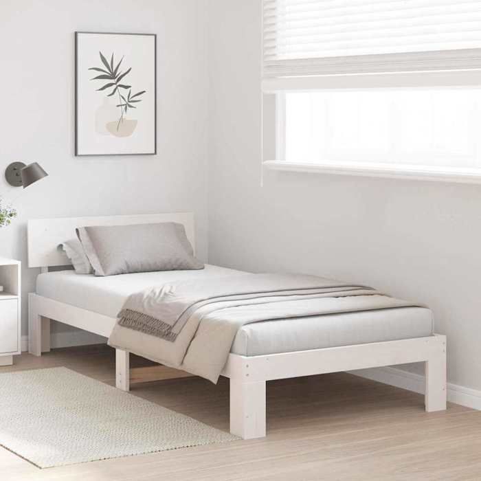 Structure de lit en pin massif - UU - 90x190 cm - Blanc - Pin massif - Cadre à lattes - Durable - Facile à nettoyer