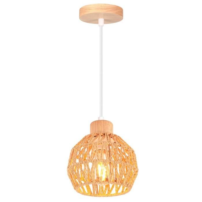 WOTTES 1 x Suspension Luminaire Vintage Lustre Industriel en Bois Rotin Marron Ø15cm Abat-jour Style Bohème Éclairage Salon