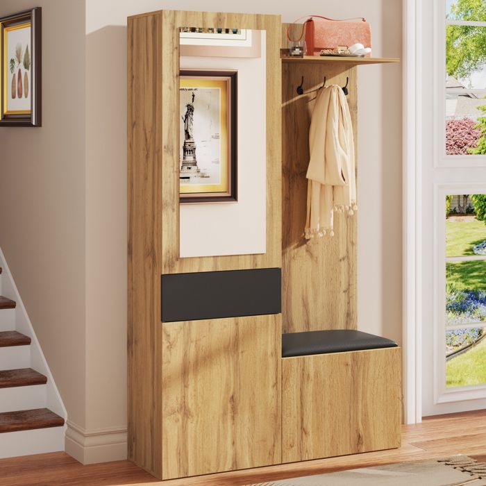 MODENUIT Meuble dentrée 98.5x38x191 cm avec miroir 5 patères et banc de rangement MDF couleur naturelle et noir