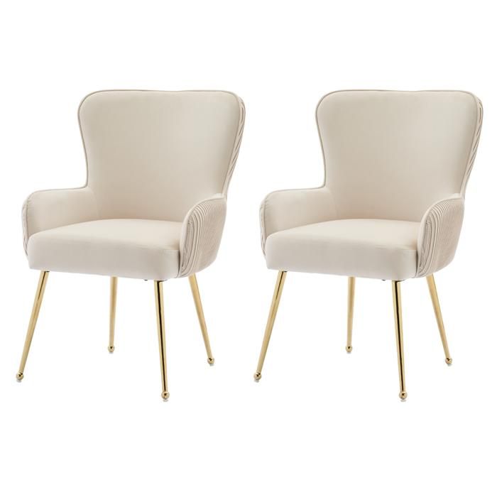 Lot de 2 chaises salle à manger velours beige avec accoudoirs pieds métal doré 57×53×83 cm