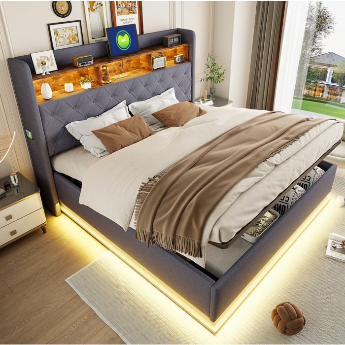 Maisentiel Lit coffre rembourré gris 180 x 200 cm avec LED multicolore port USB et rangement hydraulique